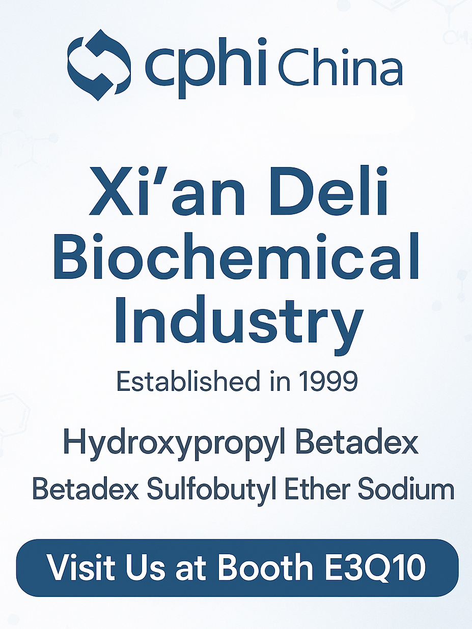 CPHI China 2025 Predogled: Hydroxypropyl betadex in raztopine natrijevega etra Sulfobutil Ether zavzemajo na sredini na stojnici Xi'an Deli E3Q10